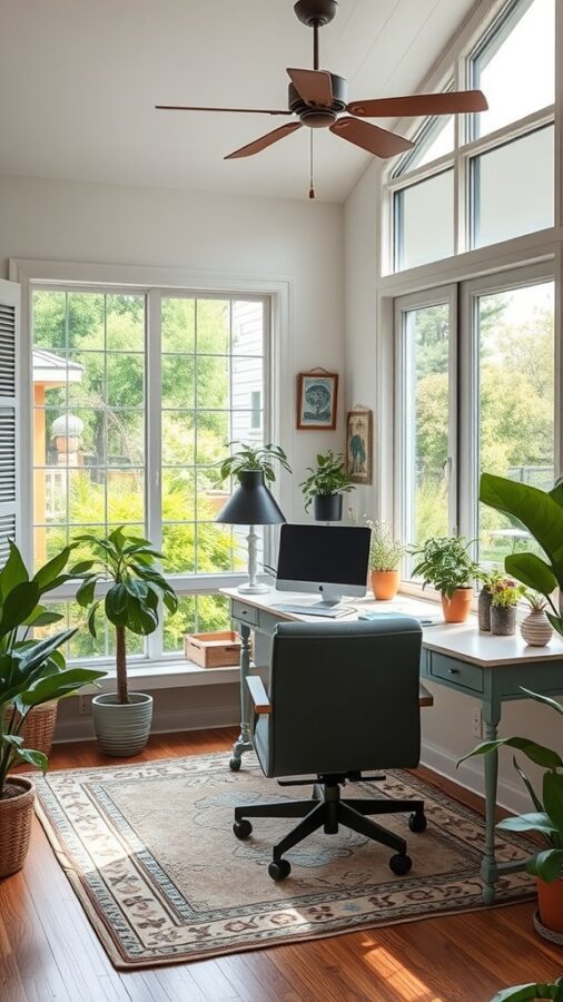 25 Stylish Home Office Ideas to Reflect Your Personality 26 A bright and inviting garden office with large windows, plants, and a stylish desk.