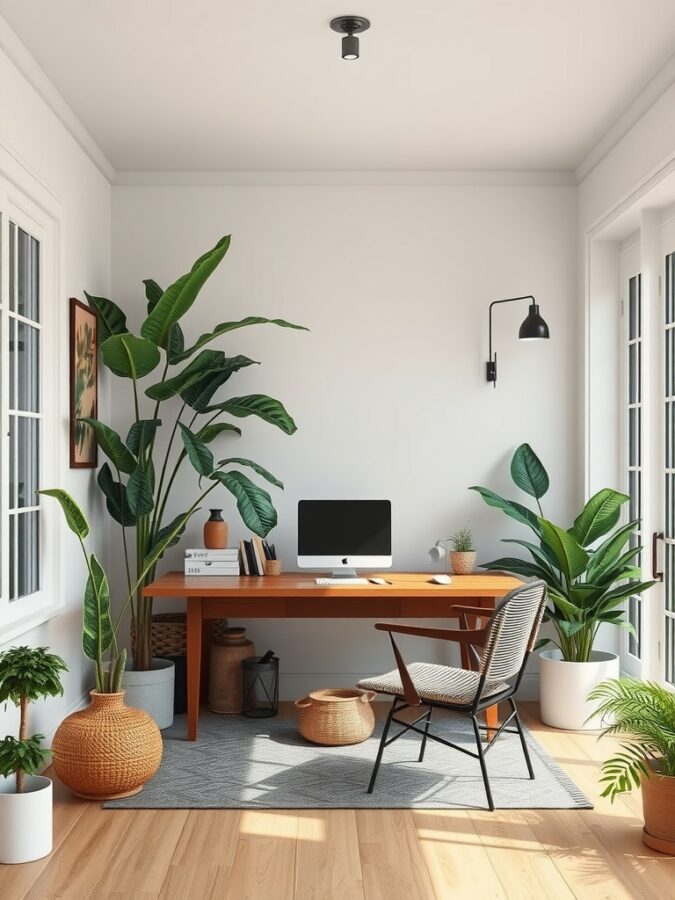 15 Inspiring Home Office Ideas for a Productive Workspace 12 A bright home office with a wooden desk, computer, and various plants, creating an outdoor-inspired atmosphere.