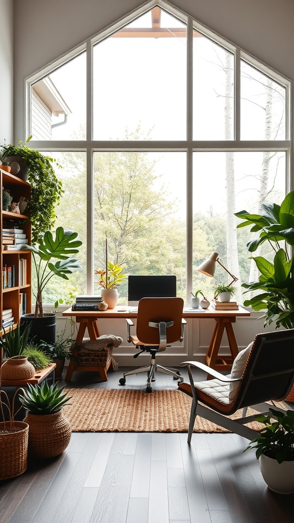 15 Inspiring Home Office Ideas to Match Every Personality 15 A bright home office with large windows, plants, and natural wood furniture.