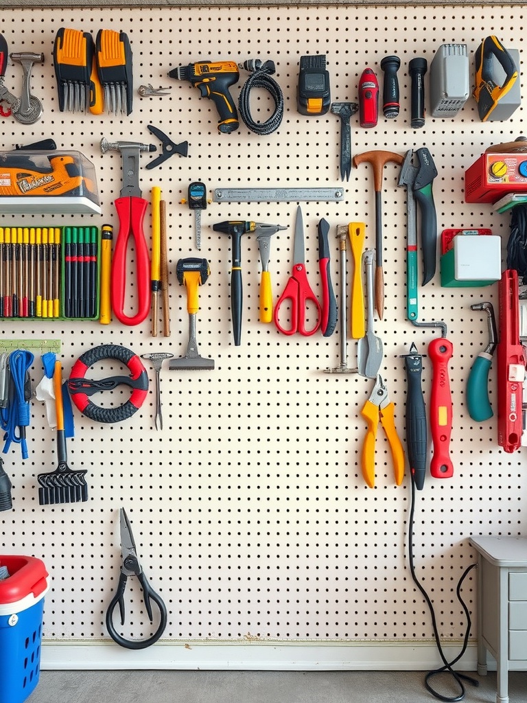 25 Smart Storage Solutions for a Stylish Home Office 4 A pegboard filled with various tools and office supplies, showcasing an organized workspace.
