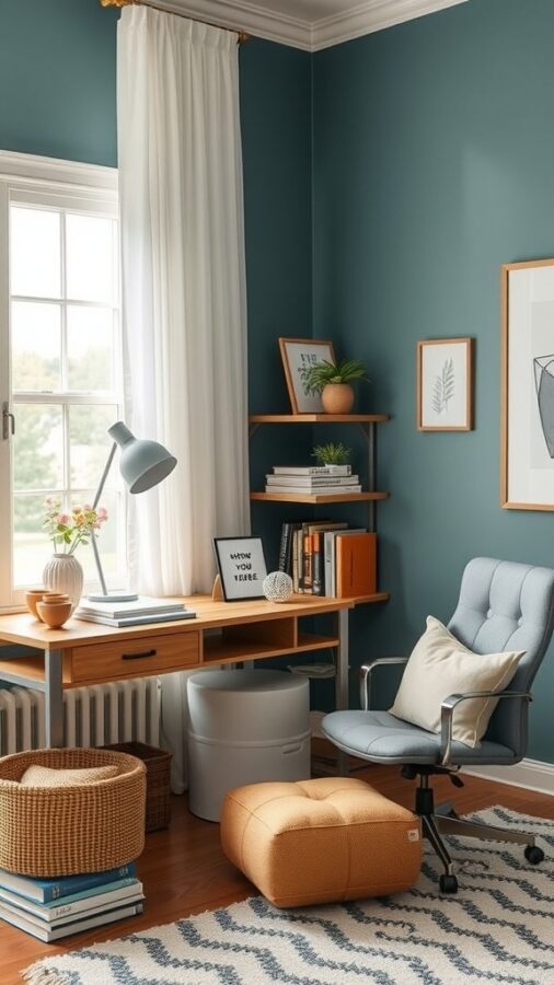 21 Smart Home Office Ideas That Also Make Cozy Guest Rooms 22 A cozy home office with a desk, chair, and decorative elements, designed for guest comfort.