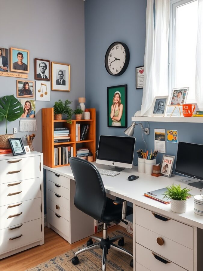 16 Vibrant Home Office Ideas to Brighten Your Workspace 16 A colorful home office with framed photos, a clock, and plants, showcasing personalized decor.