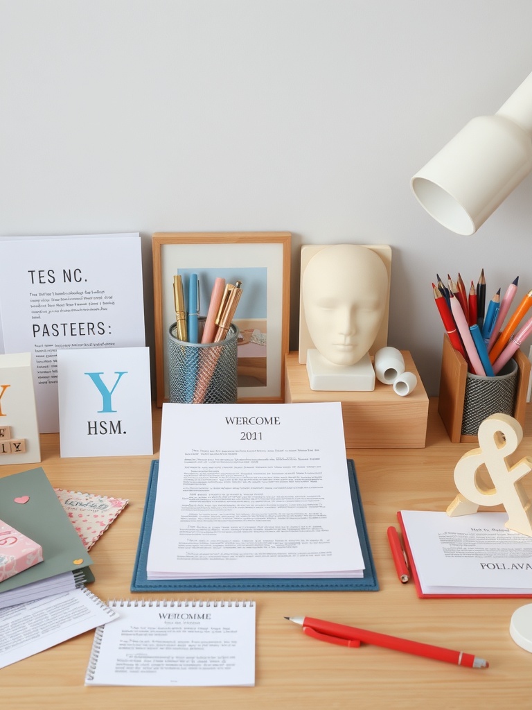 30 Inspiring Home Office Ideas for Remote Work Success 10 A stylish home office desk with colorful pens, a lamp, a decorative bust, and framed pictures.