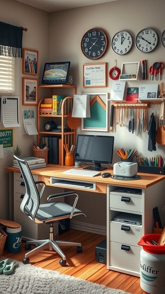 15 Inspiring Home Office Ideas to Match Every Personality 17 A cozy home office with a desk, organized shelves, and personal decor items.