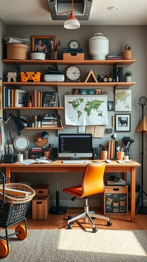 25 Stylish Home Office Ideas to Reflect Your Personality 24 A cozy and organized home office with a wooden desk, orange chair, and shelves filled with books and personal items.