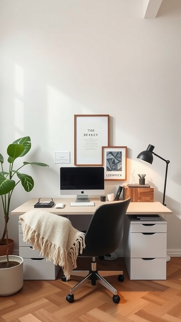 20 Minimalist Home Office Ideas for a Clutter-Free Workspace 13 A minimalist home office setup featuring a desk with a computer, a plant, and framed artwork.