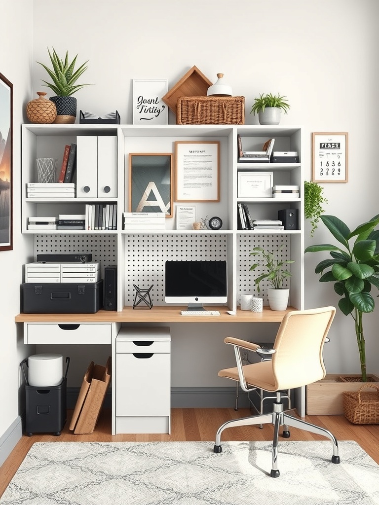 25 Smart Storage Solutions for a Stylish Home Office 28 A stylish home office with organized shelves, a desk, and plants, showcasing personalized storage solutions.