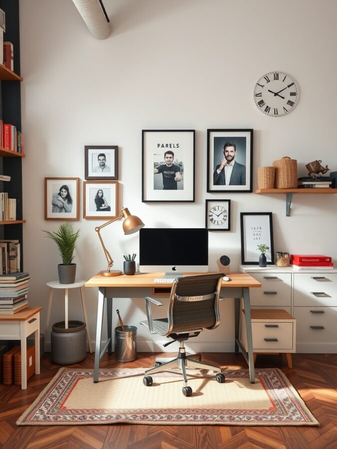 19 Inspiring Home Office Ideas with Industrial Flair 20 A stylish home office featuring industrial decor with framed photos, a wooden desk, and plants.
