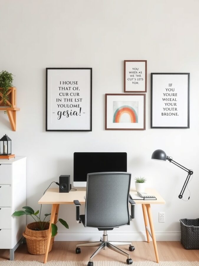 21 Inspiring Home Office Ideas for Creative Minds 5 A modern home office with personalized wall art featuring motivational quotes and colorful designs.