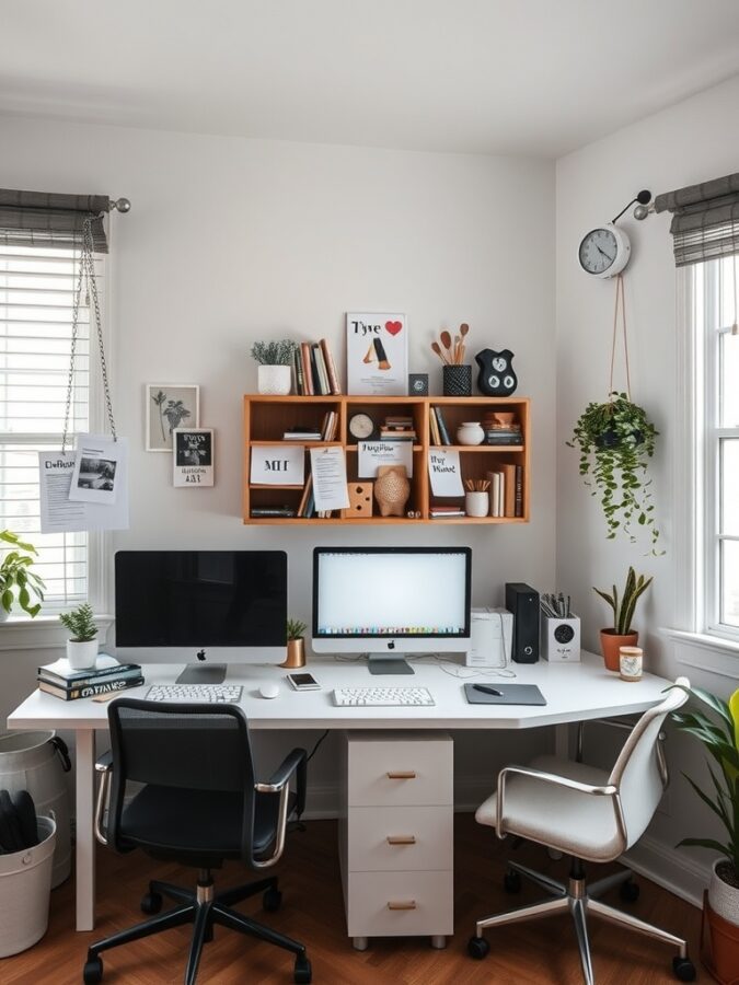 26 Cozy Home Office Ideas for Ultimate Comfort 17 A modern home office with two computer monitors, a clean desk, and decorative plants.