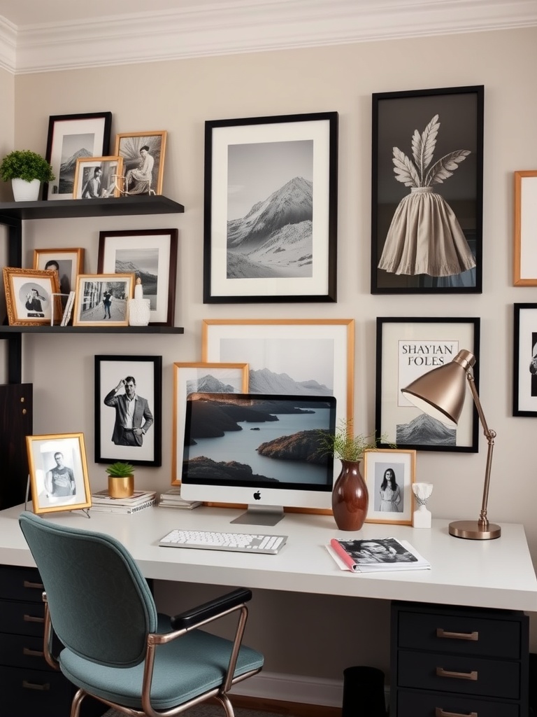 20 Creative and Affordable Home Office Ideas for Any Budget 12 A stylish home office with framed photos and a clean desk setup.