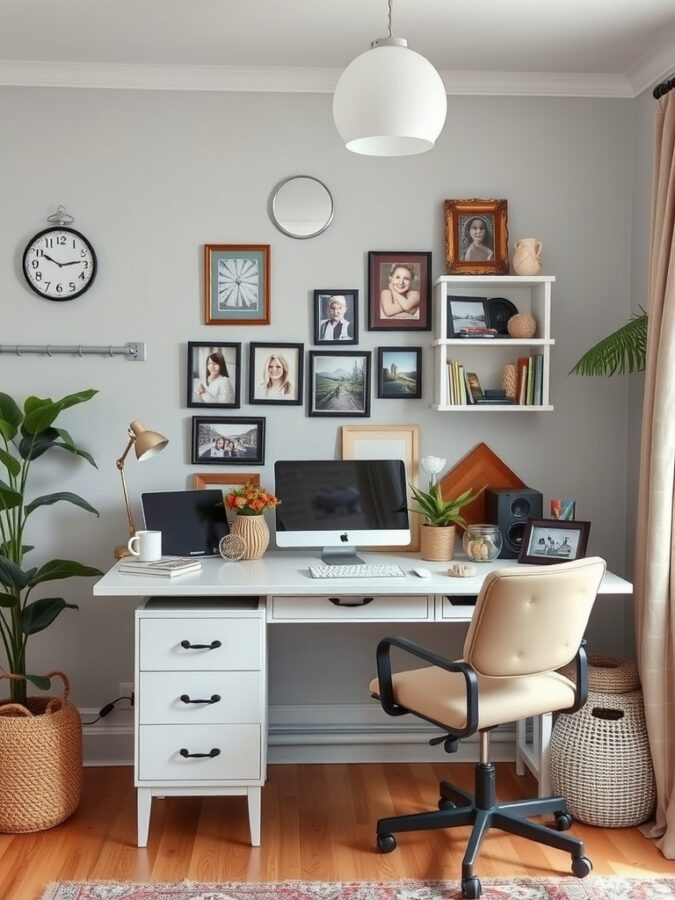 16 Inspiring Home Office Ideas for Enhanced Focus and Productivity 3 A bright home office with a desk, computer, framed photos on the wall, and plants.