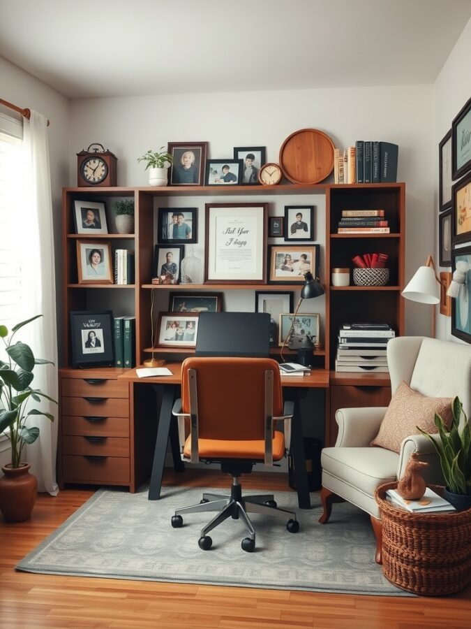 15 Inspiring Home Office Ideas for a Productive Workspace 16 A cozy home office featuring a desk with family photos and decorative items.