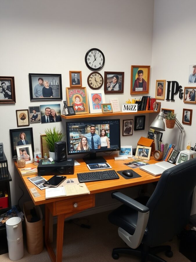 19 Stunning Home Office Ideas to Make a Bold Statement 5 A personalized home office with framed photos, a clock, and a desk setup.