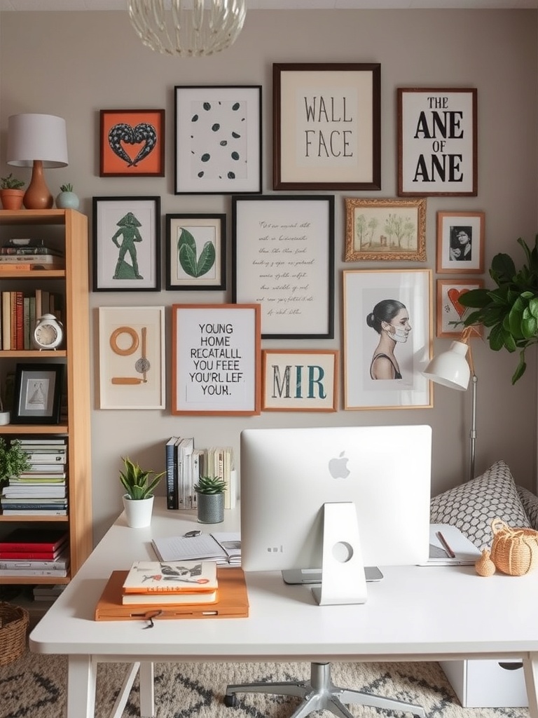 21 Creative DIY Ideas to Transform Your Home Office 23 A home office with a gallery wall featuring various framed artworks and a modern desk setup.
