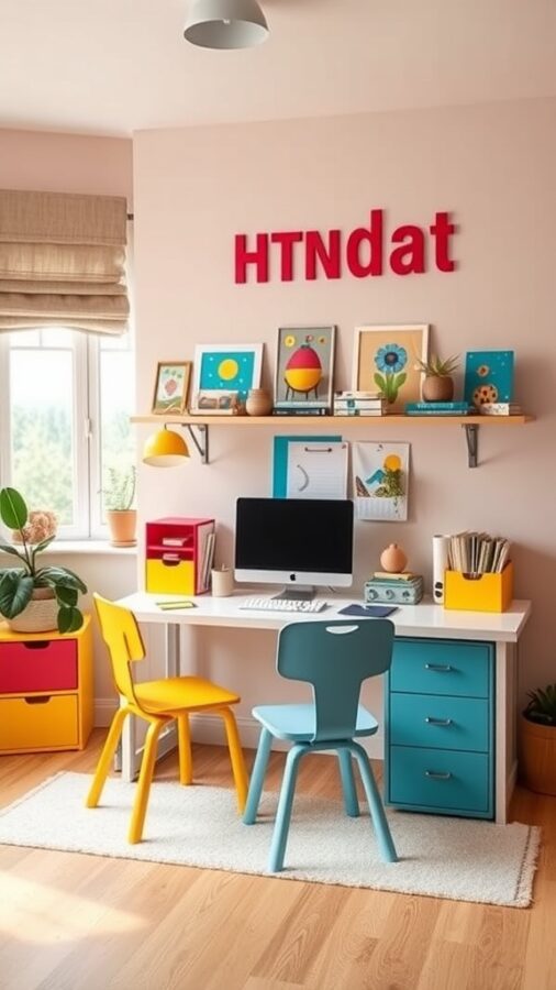 25 Stylish Home Office Ideas to Reflect Your Personality 22 A colorful kids' homework station featuring a desk, bright chairs, and cheerful decorations.