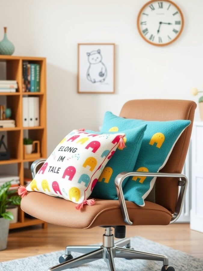 16 Vibrant Home Office Ideas to Brighten Your Workspace 11 A cozy office chair with colorful throw pillows featuring playful elephant designs.