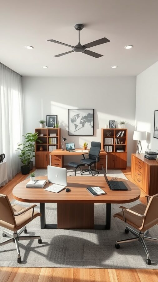 25 Stylish Home Office Ideas to Reflect Your Personality 21 A modern corporate home office featuring a spacious wooden desk, comfortable chairs, bookshelves, and plants.
