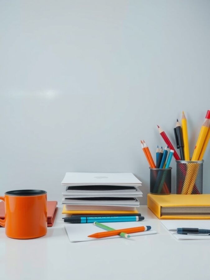 26 Cozy Home Office Ideas for Ultimate Comfort 11 A bright and organized home office workspace with colorful pens, notebooks, and an orange mug.