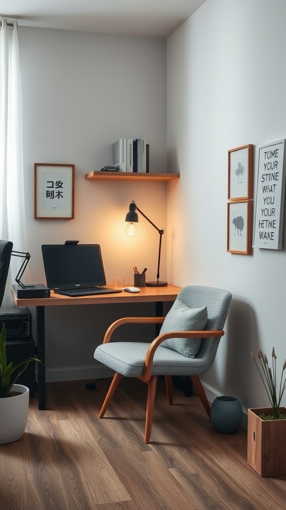 20 Minimalist Home Office Ideas for a Clutter-Free Workspace 22 A minimalist home office nook featuring a desk, chair, lamp, and decorative elements.