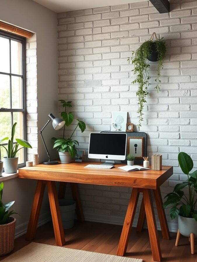 19 Inspiring Home Office Ideas with Industrial Flair 7 A home office featuring a reclaimed wood desk, plants, and a light-colored brick wall.