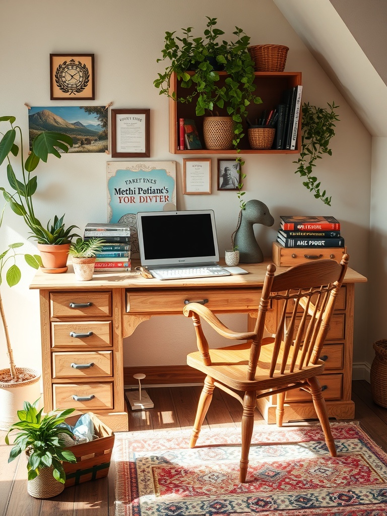 20 Creative and Affordable Home Office Ideas for Any Budget 6 A cozy home office setup featuring a wooden desk, a chair, plants, and shelves filled with books.