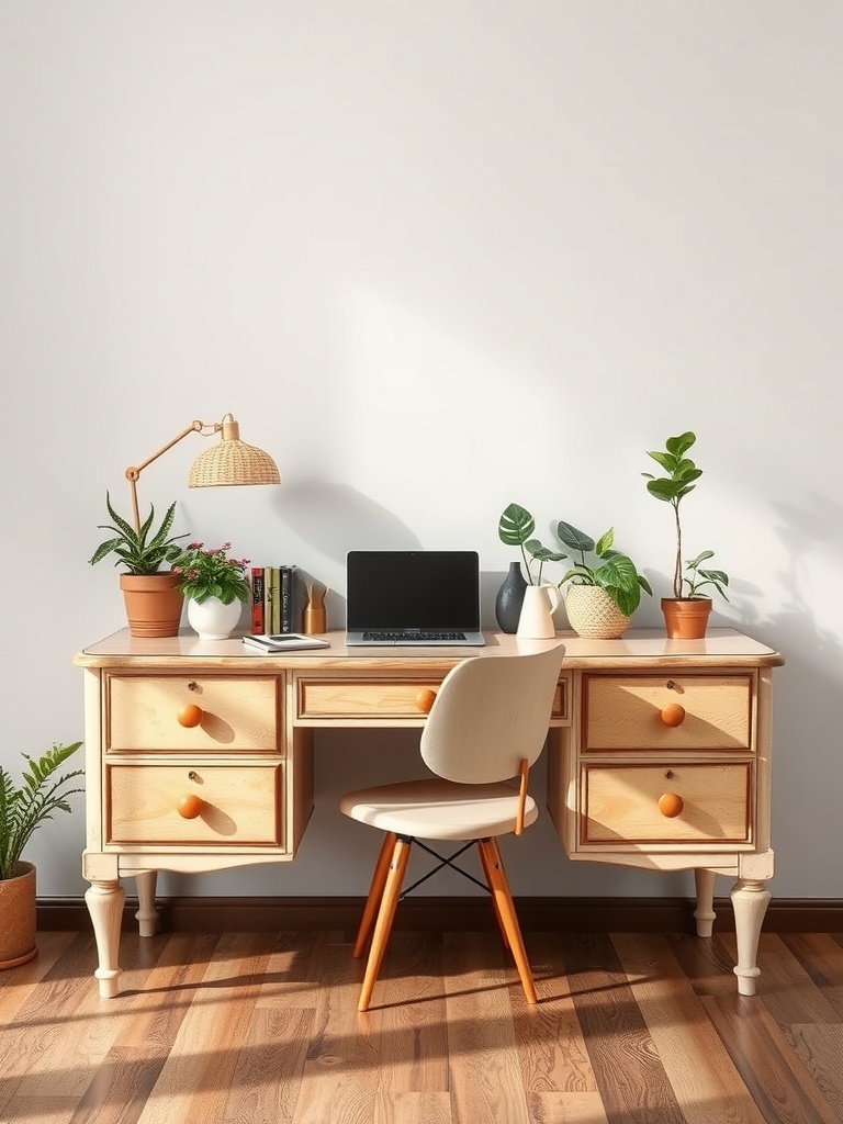21 Creative DIY Ideas to Transform Your Home Office 11 A stylish home office desk made from repurposed furniture, featuring a light wood finish, orange knobs, a laptop, and potted plants.