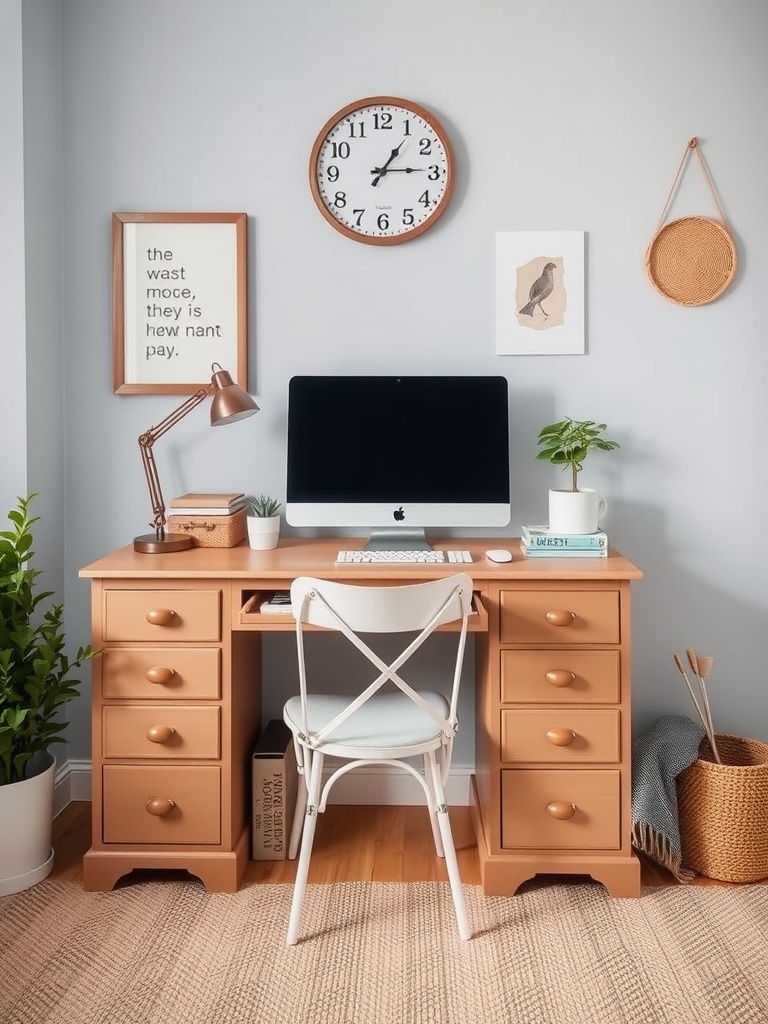 25 Smart Storage Solutions for a Stylish Home Office 21 A cozy home office setup featuring a wooden desk with multiple drawers, a computer, a chair, and decorative elements.