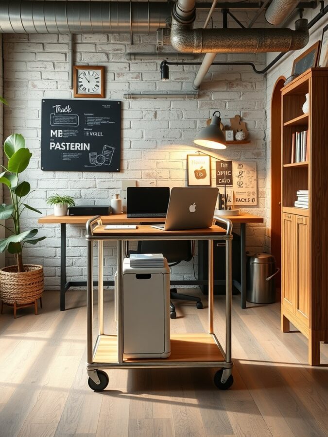 19 Inspiring Home Office Ideas with Industrial Flair 18 A stylish rolling cart in a modern industrial home office, featuring a wooden top and storage for office supplies.