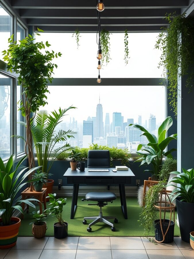 13 Inspiring Home Office Ideas with Stunning Views 12 A rooftop garden office with plants, a desk, and a city skyline view.