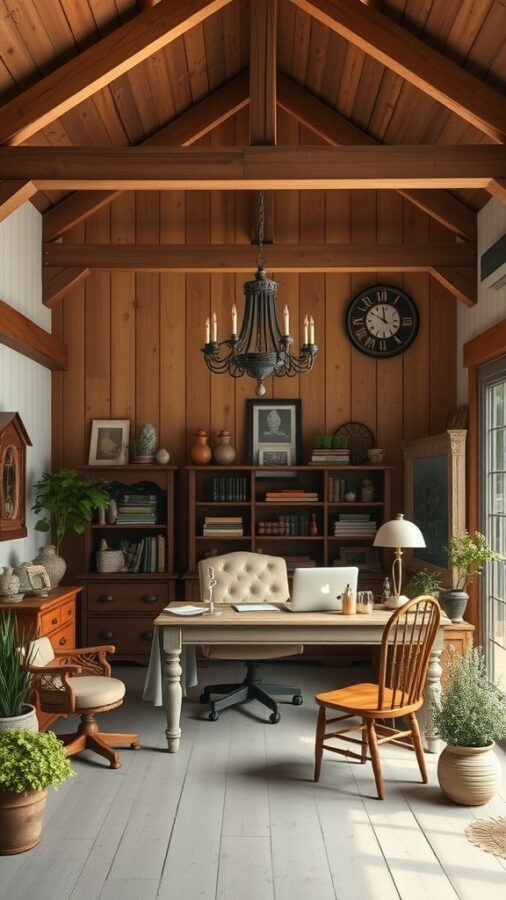 25 Stylish Home Office Ideas to Reflect Your Personality 13 A cozy rustic farmhouse office with wooden beams, a desk, and potted plants.