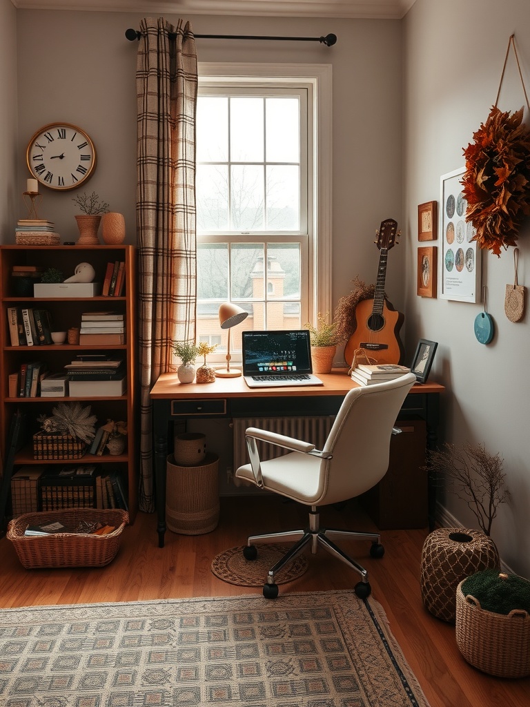 30 Inspiring Home Office Ideas for Remote Work Success 31 A cozy home office with autumn decor, featuring a desk, laptop, and a wreath made of leaves.