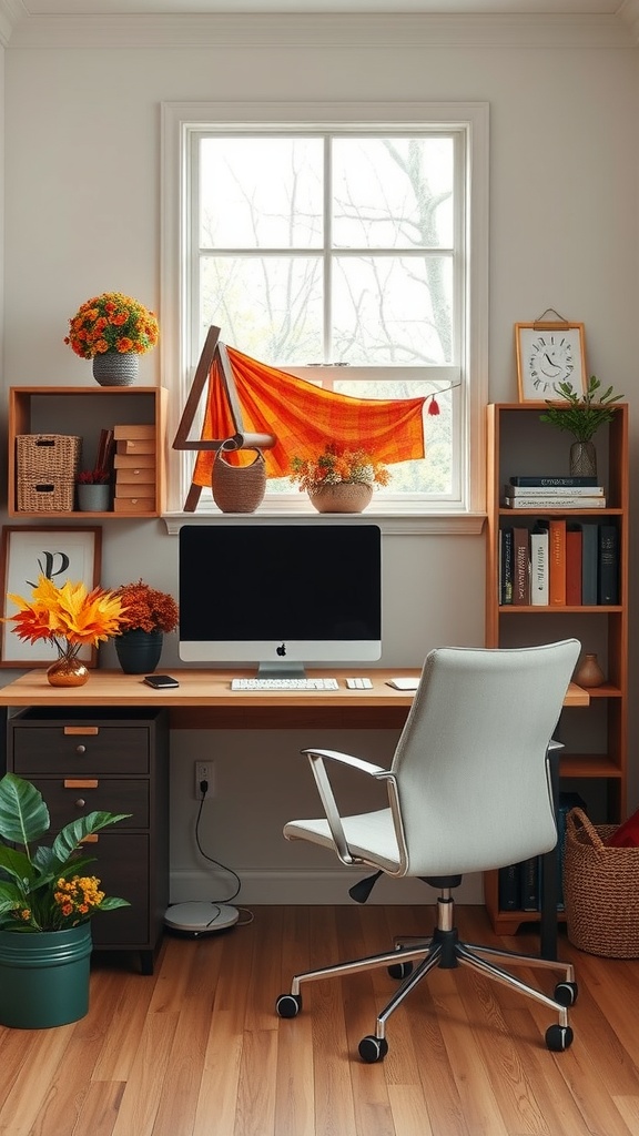 21 Creative Home Office Ideas to Boost Your Productivity 21 A cozy home office with autumn decor, featuring orange fabric, potted flowers, and a computer desk.