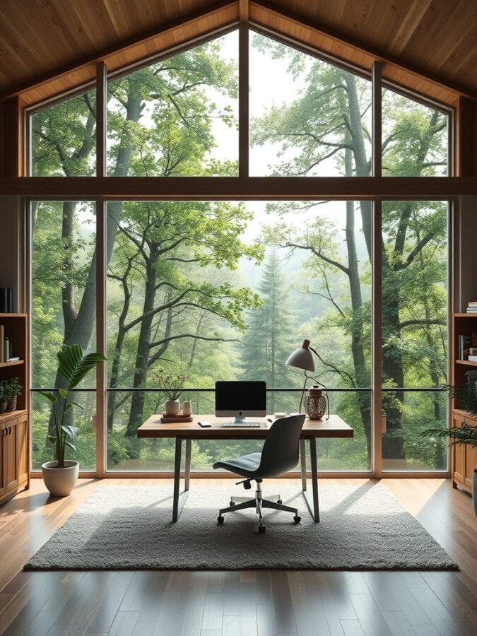 13 Inspiring Home Office Ideas with Stunning Views 15 A cozy workspace with a large window view of a serene forest, featuring a wooden desk, a chair, and potted plants.