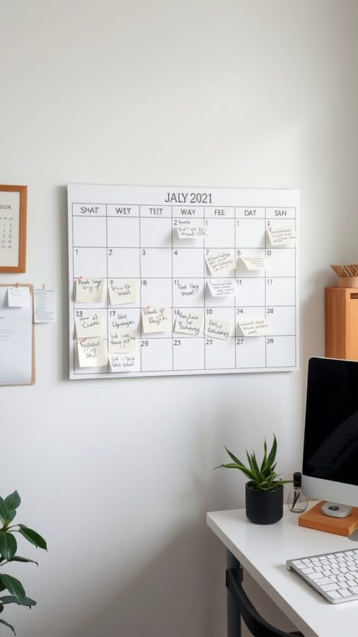 23 Creative Home Office Ideas for Shared Workspaces 20 A wall-mounted calendar for July 2021 with sticky notes and reminders.
