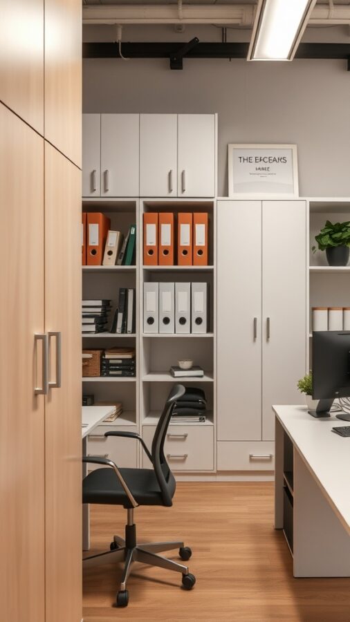 23 Creative Home Office Ideas for Shared Workspaces 11 A modern shared office space with organized storage solutions, including cabinets, shelves, and a desk.