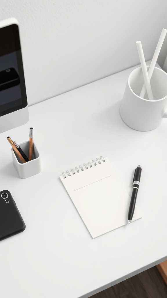 20 Minimalist Home Office Ideas for a Clutter-Free Workspace 11 A minimalist desk setup featuring a notepad, pen, and simple containers for pens and pencils.