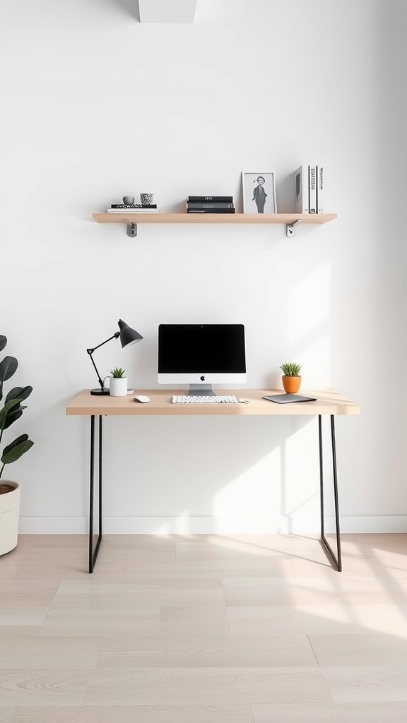 20 Minimalist Home Office Ideas for a Clutter-Free Workspace 10 A minimalist home office featuring a sleek floating desk with a computer, lamp, and plants.