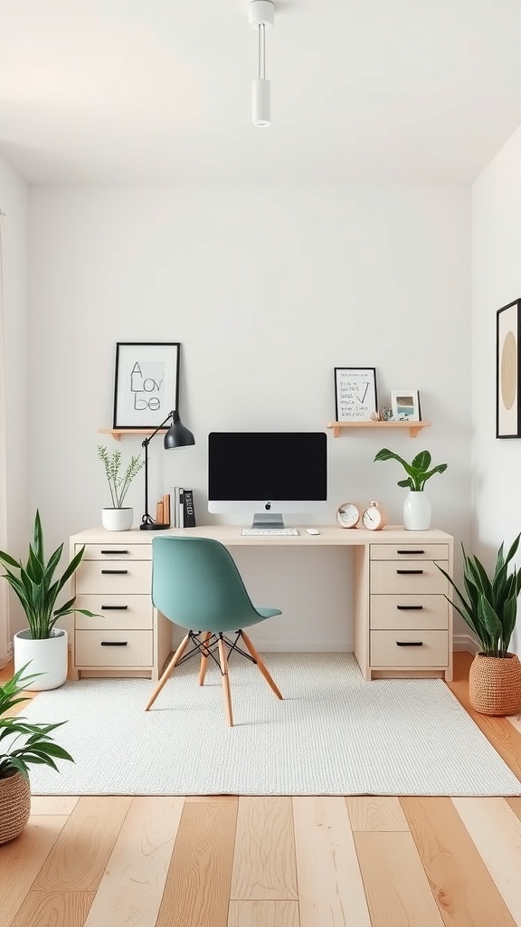 15 Inspiring Home Office Ideas to Match Every Personality 12 A sleek Scandinavian home office featuring a light wood desk, a green chair, and decorative plants.