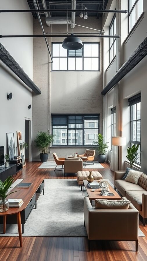25 Stylish Home Office Ideas to Reflect Your Personality 20 A sleek urban loft office with high ceilings, large windows, wooden flooring, and modern furniture.