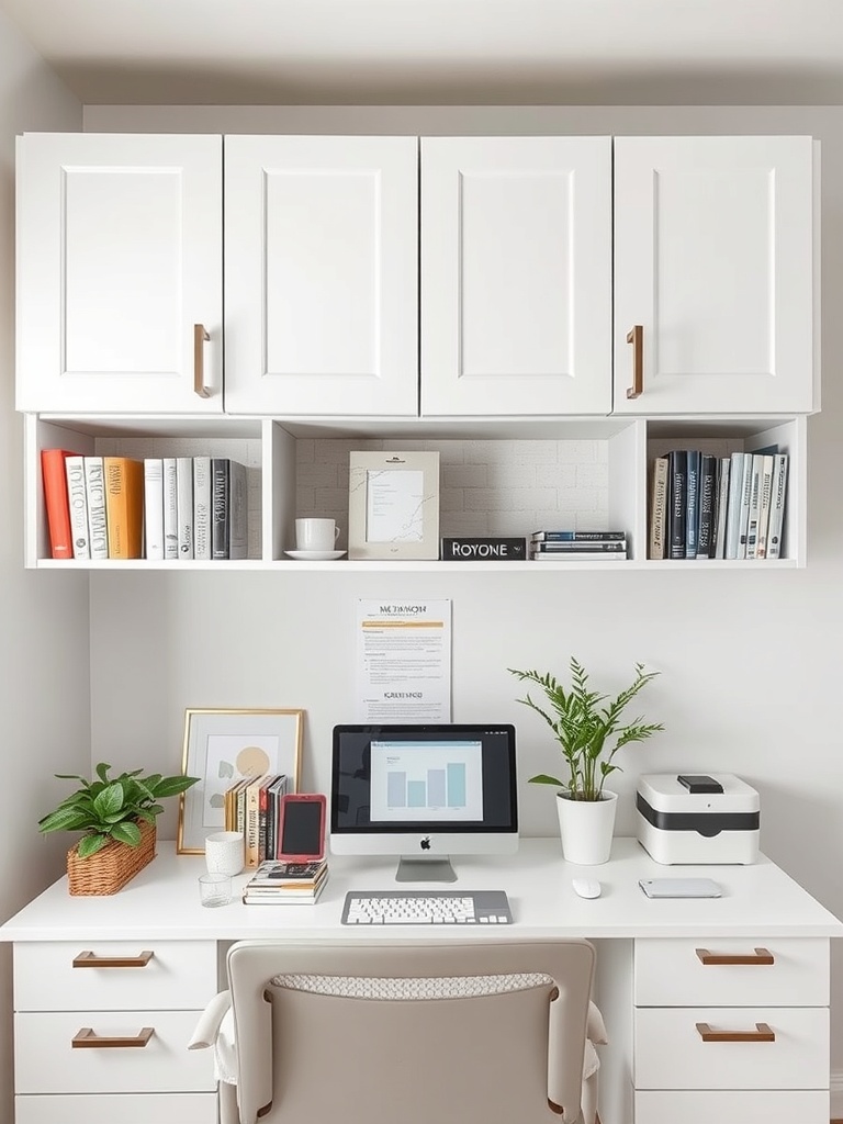 25 Smart Storage Solutions for a Stylish Home Office 18 A modern home office with overhead storage cabinets, a desk, a computer, and plants.