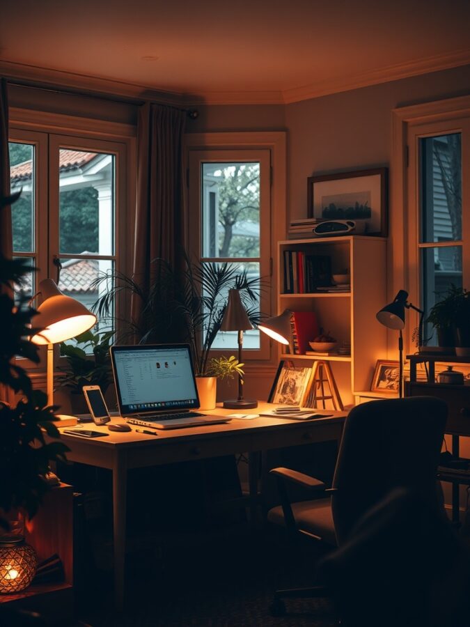 26 Cozy Home Office Ideas for Ultimate Comfort 3 A cozy home office with soft lighting, featuring a desk, laptop, and plants.