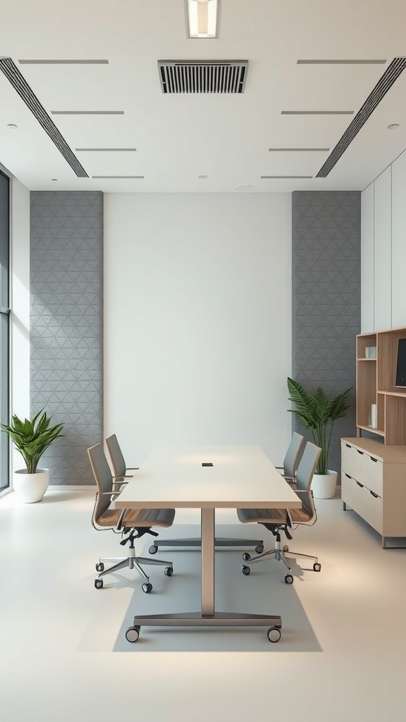 20 Minimalist Home Office Ideas for a Clutter-Free Workspace 14 A modern home office featuring sound absorbing panels on the walls, a large table, and plants.
