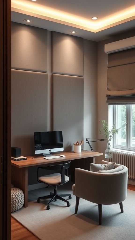 21 Creative Home Office Ideas to Boost Your Productivity 20 A modern home office with acoustic panels on the walls, a wooden desk, and a comfortable chair, designed for a quiet working environment.