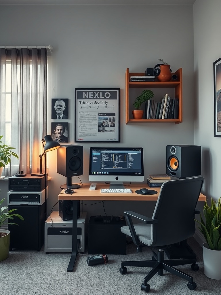 30 Inspiring Home Office Ideas for Remote Work Success 22 A modern home office setup featuring a computer, speakers, and plants, designed for focus and productivity.