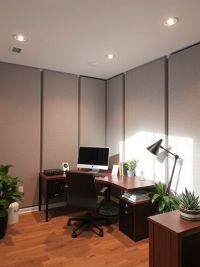 26 Cozy Home Office Ideas for Ultimate Comfort 25 A modern home office featuring soundproofing panels, a desk with a computer, and plants for a calming atmosphere.