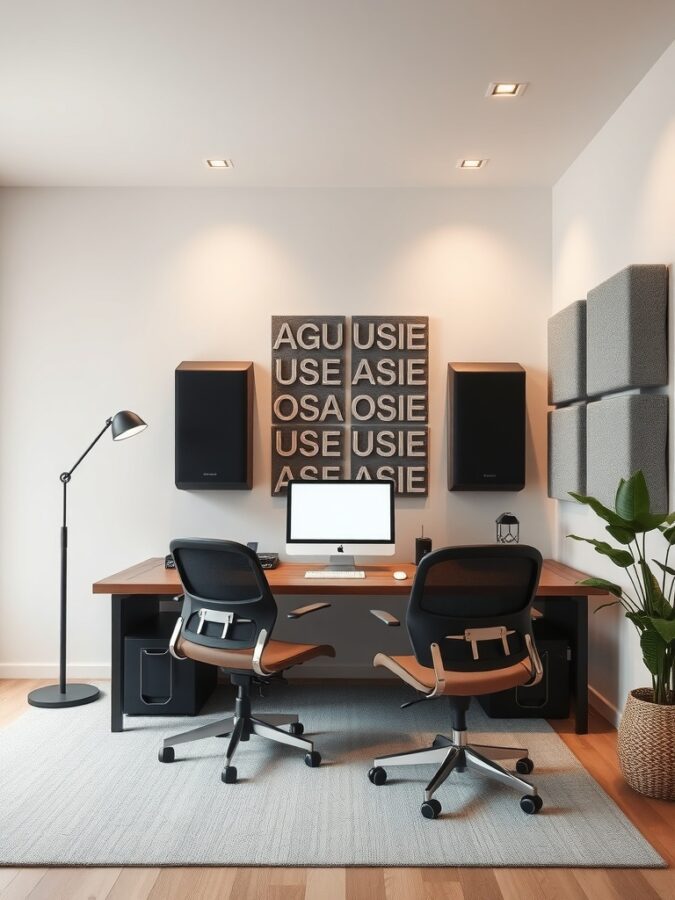 16 Inspiring Home Office Ideas for Enhanced Focus and Productivity 12 A modern home office with soundproofing panels and ergonomic chairs.