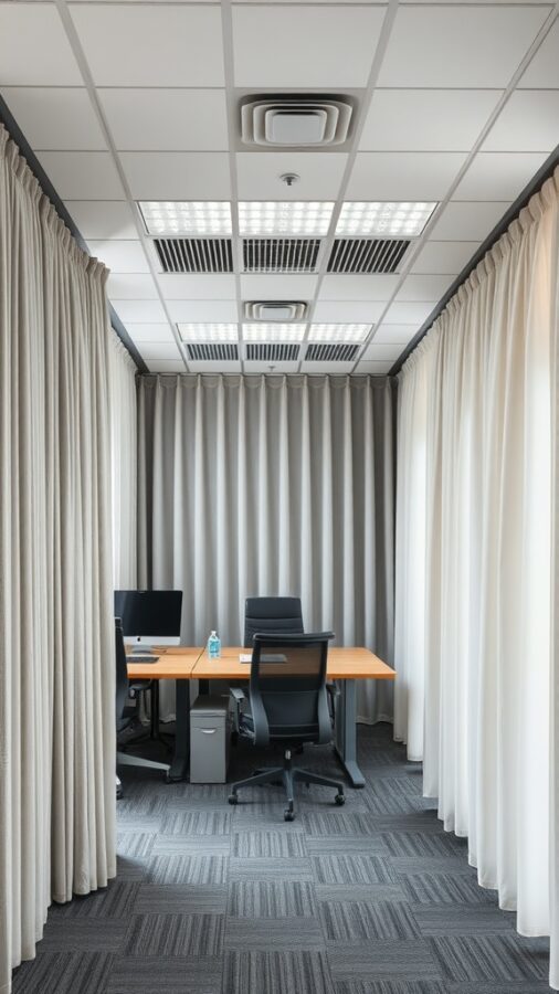 23 Creative Home Office Ideas for Shared Workspaces 5 A soundproofed office space with two desks, computers, and thick curtains for sound absorption.