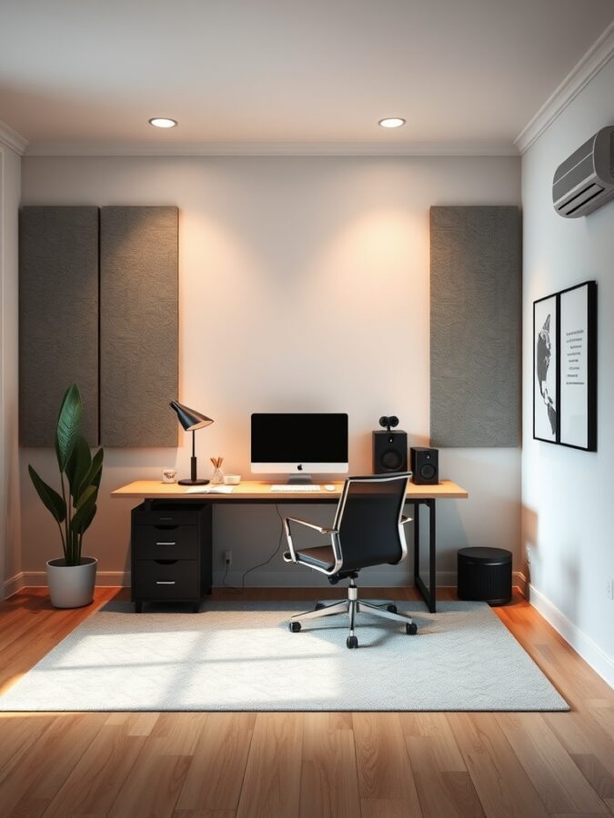 19 Stunning Home Office Ideas to Make a Bold Statement 14 A modern home office featuring soundproofing panels, a desk with a computer, and a plant.