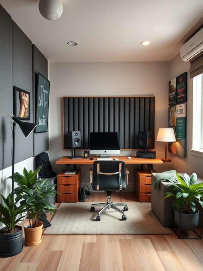 21 Inspiring Home Office Ideas for Creative Minds 15 A modern home office with soundproofing features, including padded walls, a desk with a computer, and plants.